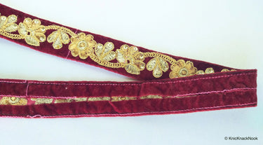 Burgundy / Green, Velvet Fabric Trim With Copper, Bronze & Gold Embroidery And Sequins